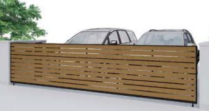 跳ね上げ式カーゲートの向こうに駐車している2台の車